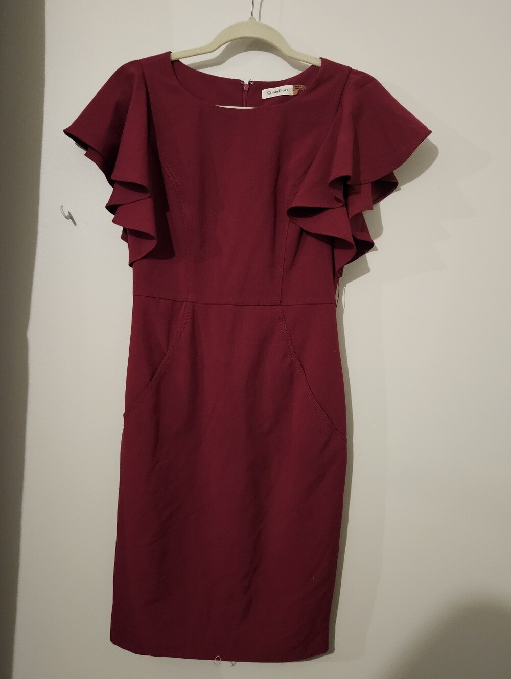 Calvin Klein Burgundy Ruffle Sleeve Sheath Dress